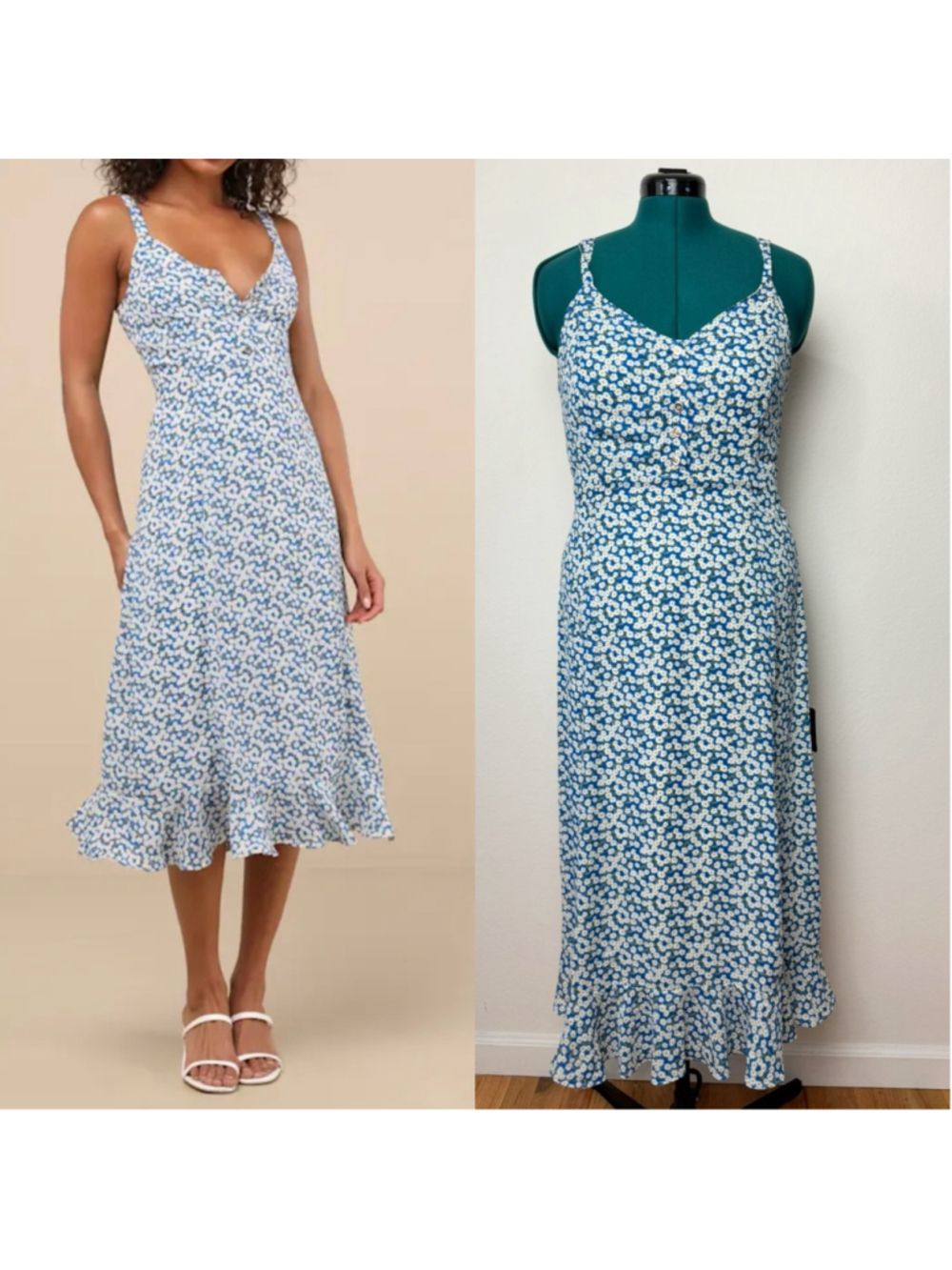 Women Lulus Blue White Floral Daisy Print Maxi Dress Large Cottagecore Soft girl